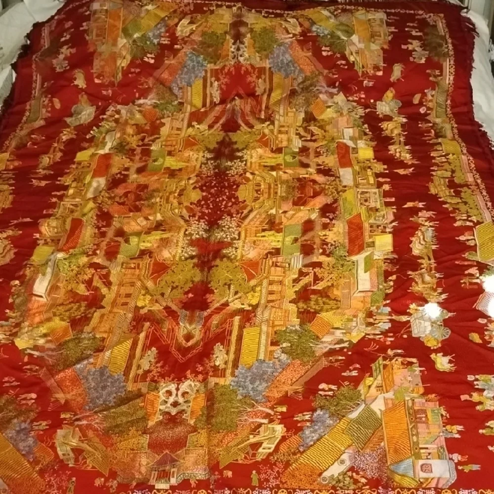 Vintage Asian Brocaded Flowers Silk Embroidered Red Square Fringe Tablecloth